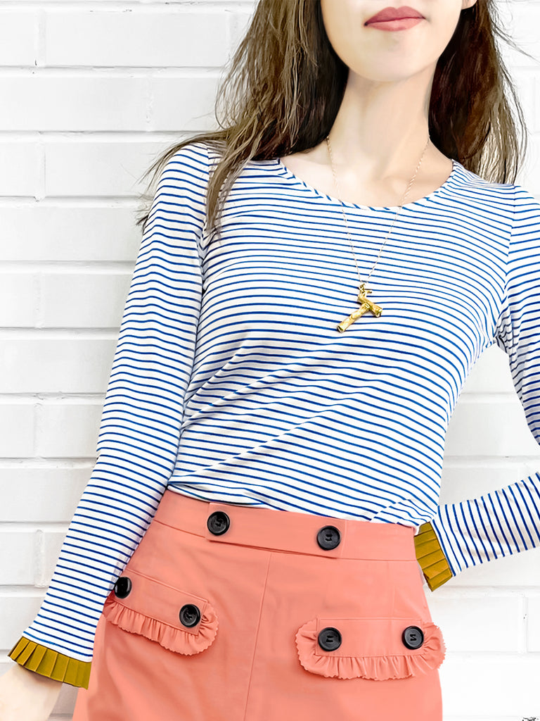 Last Chance! Classic White/ Blue Stripe Contrast Ruffle Cuff Knit Top