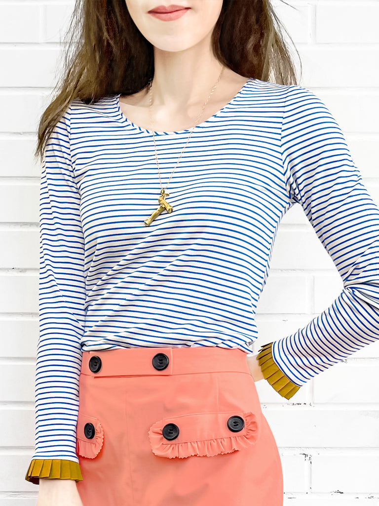 Last Chance! Classic White/ Blue Stripe Contrast Ruffle Cuff Knit Top
