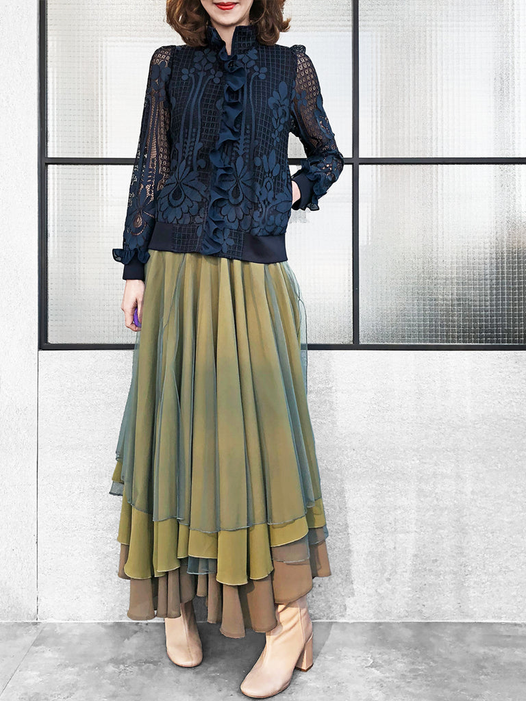 最後的機會!分層紋理軍綠色薄紗長裙