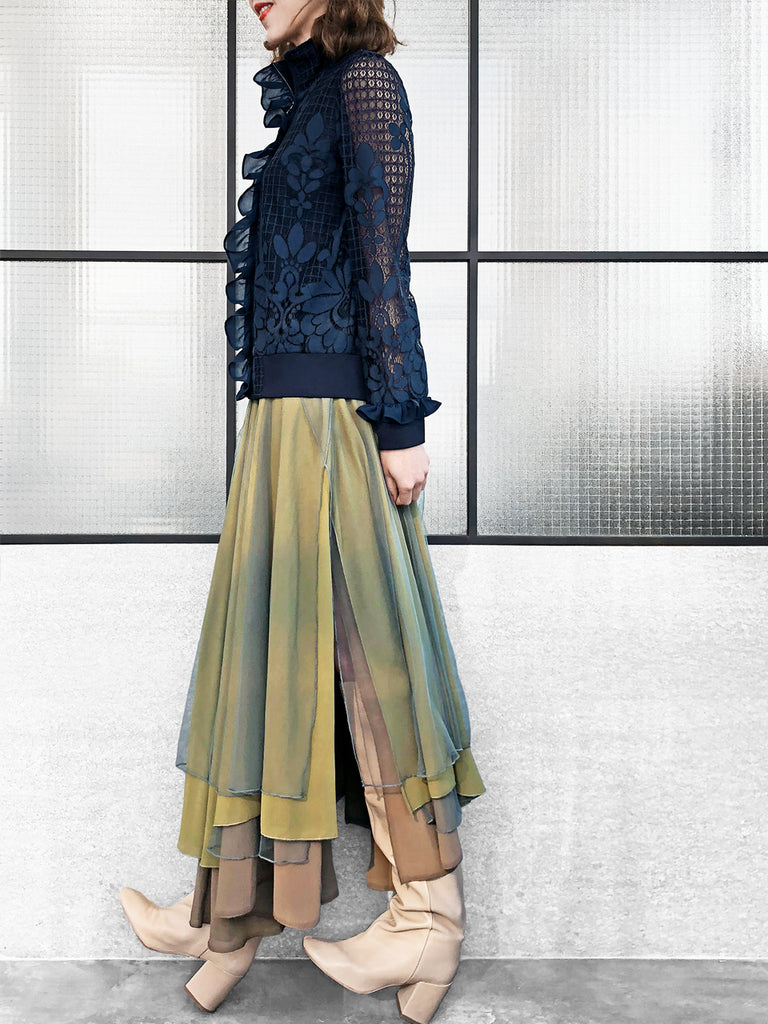 最後的機會!分層紋理軍綠色薄紗長裙