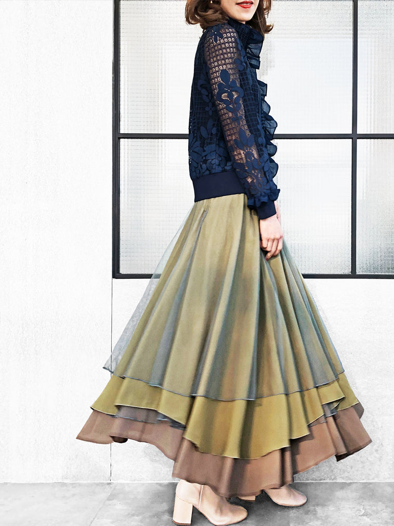 最後的機會!分層紋理軍綠色薄紗長裙