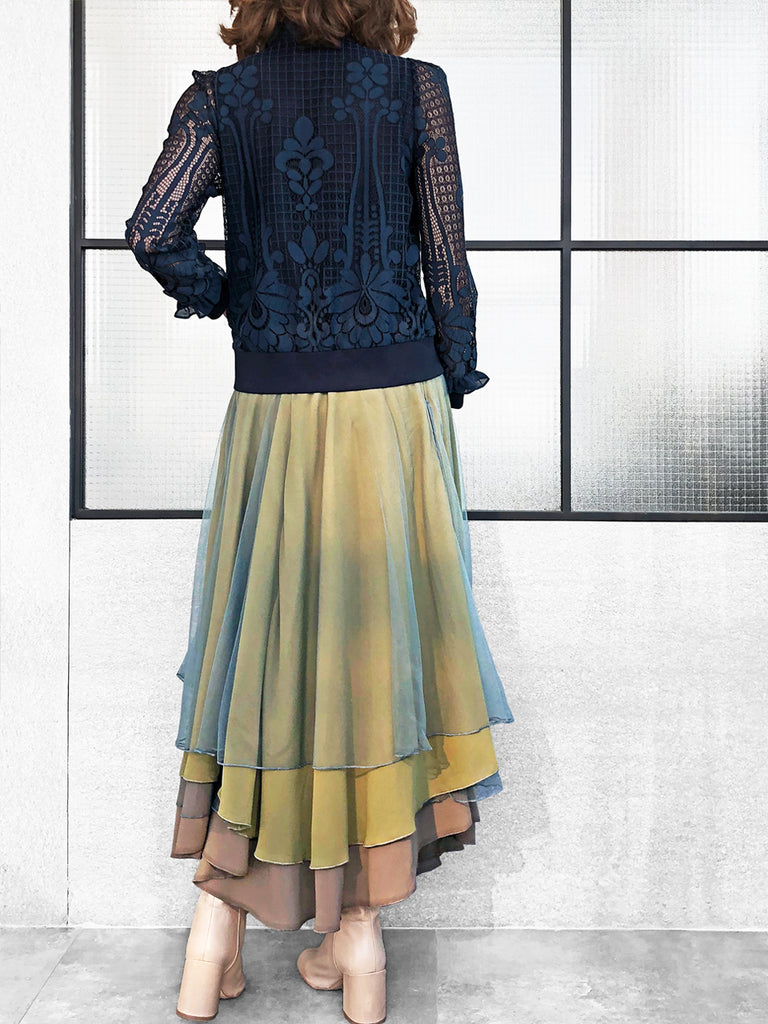 最後的機會!分層紋理軍綠色薄紗長裙