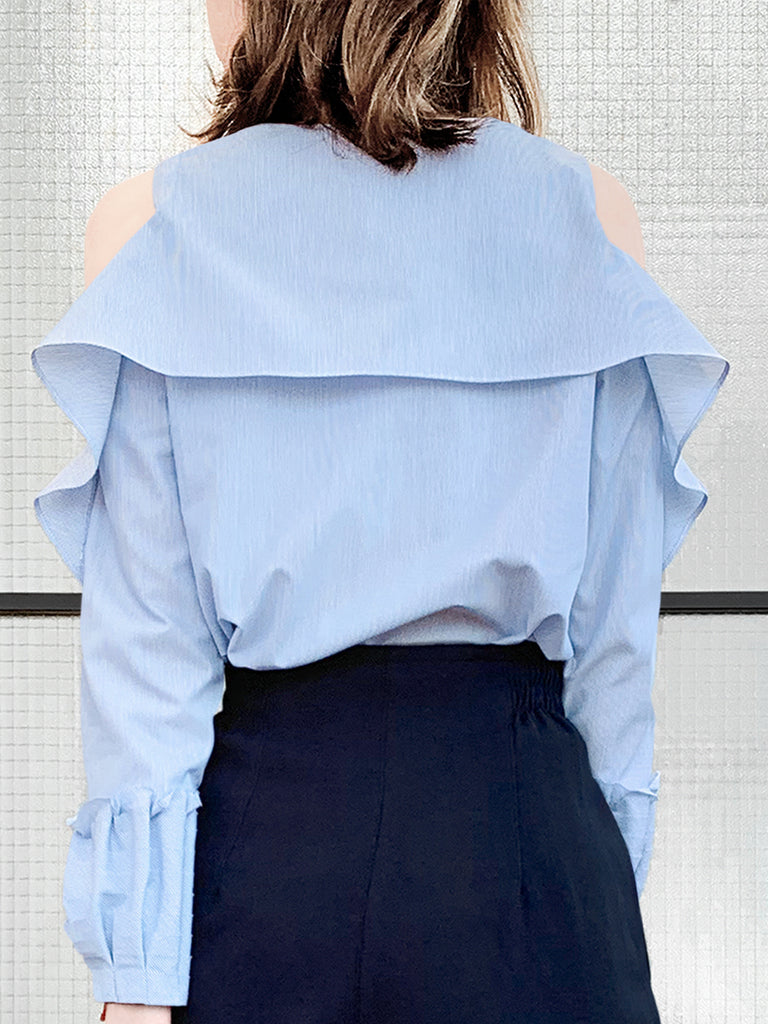 Final Sale! Pinstripe Poplin Cold Shoulder Tiered Ballon Cuffs Top