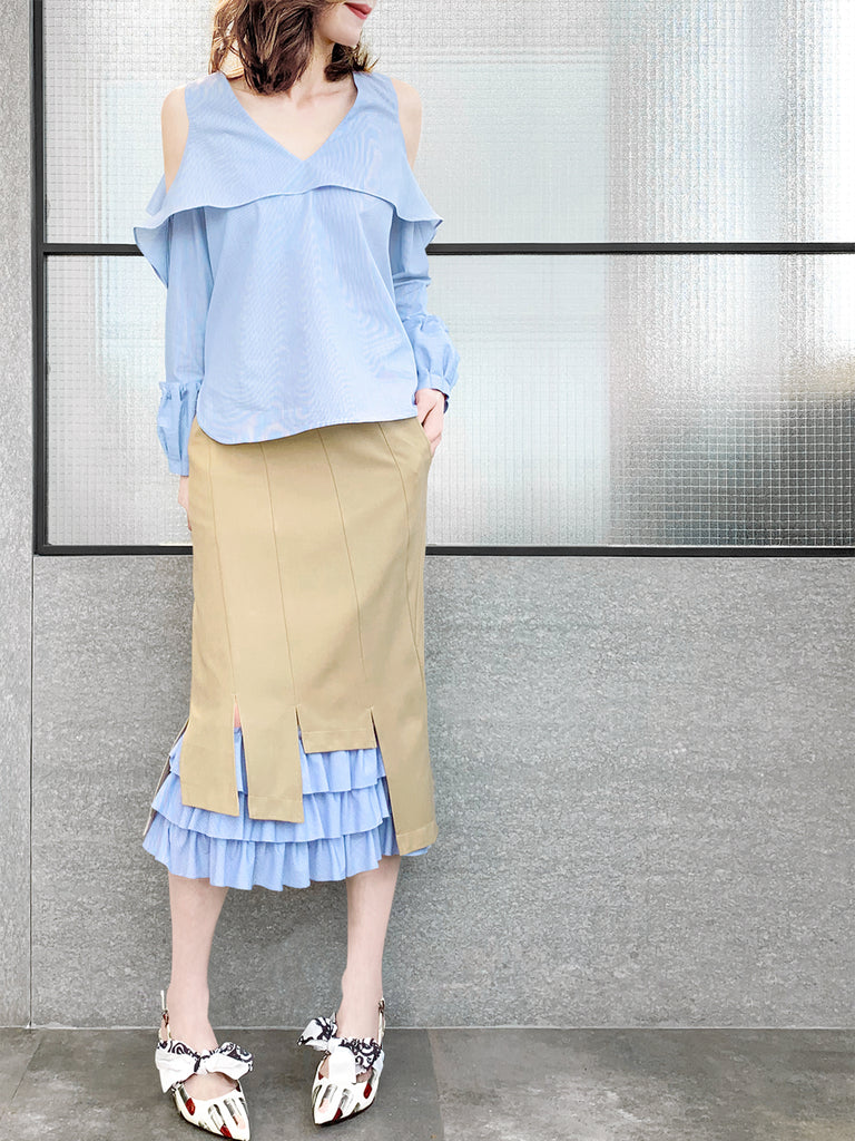 Final Sale! Pinstripe Poplin Cold Shoulder Tiered Ballon Cuffs Top