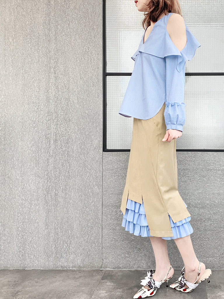 Final Sale! Pinstripe Poplin Cold Shoulder Tiered Ballon Cuffs Top