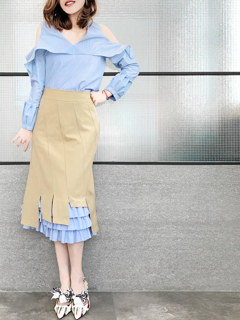 Final Sale! Pinstripe Poplin Cold Shoulder Tiered Ballon Cuffs Top