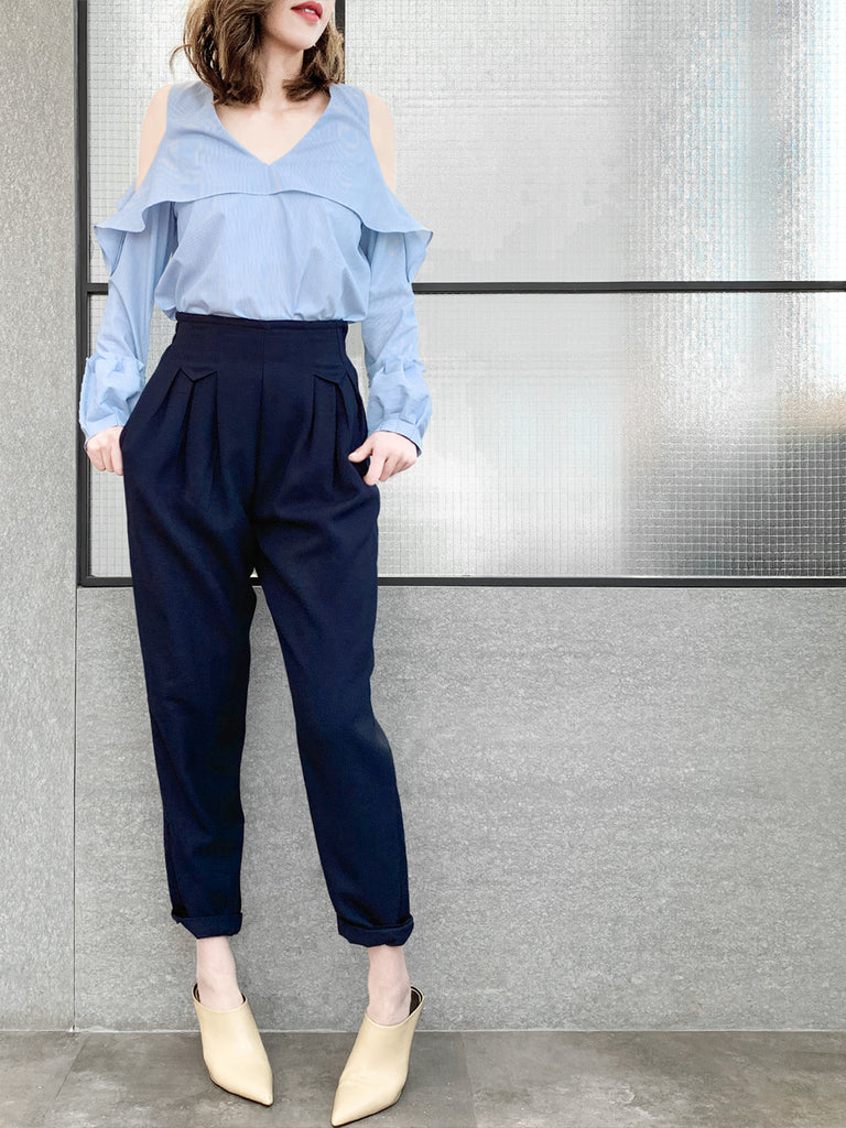 Final Sale! Pinstripe Poplin Cold Shoulder Tiered Ballon Cuffs Top