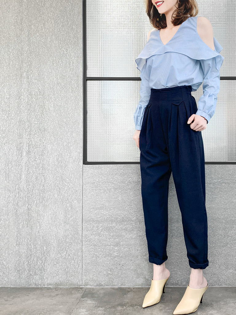 Final Sale! Pinstripe Poplin Cold Shoulder Tiered Ballon Cuffs Top