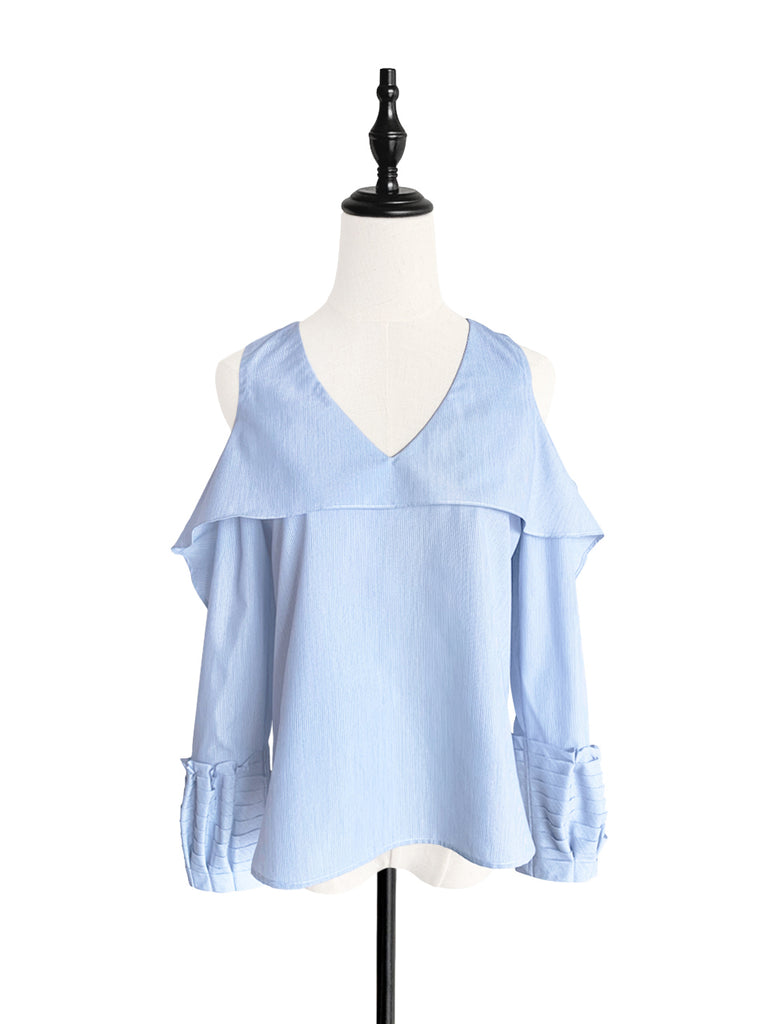 Final Sale! Pinstripe Poplin Cold Shoulder Tiered Ballon Cuffs Top