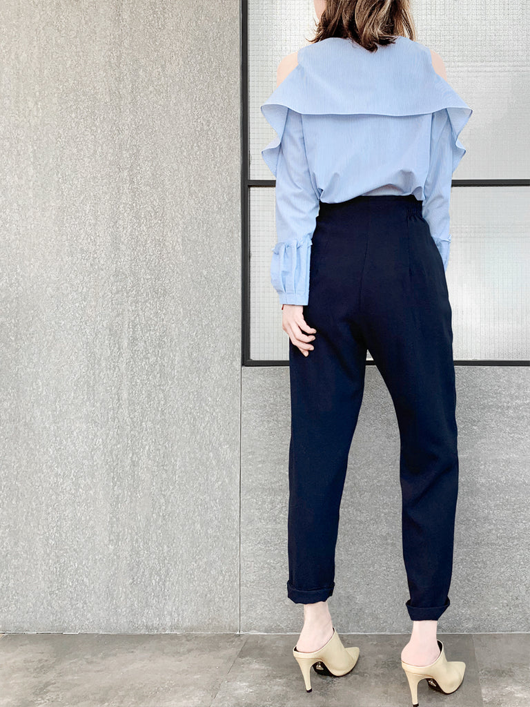 Final Sale! Pinstripe Poplin Cold Shoulder Tiered Ballon Cuffs Top