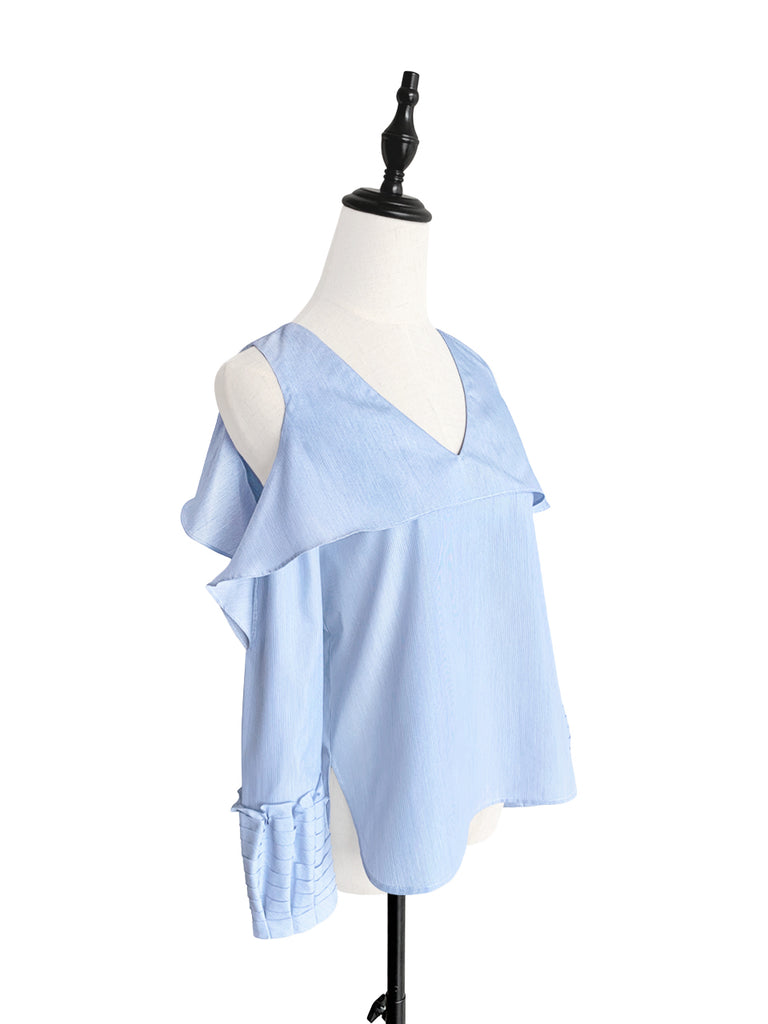 Final Sale! Pinstripe Poplin Cold Shoulder Tiered Ballon Cuffs Top