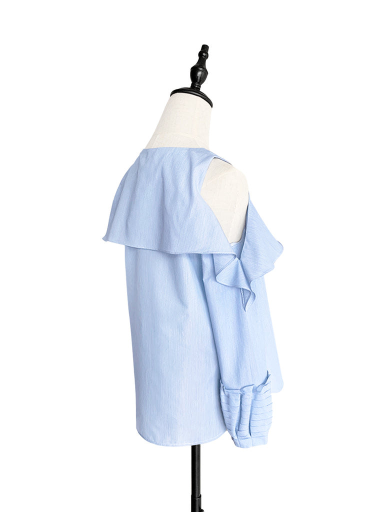 Final Sale! Pinstripe Poplin Cold Shoulder Tiered Ballon Cuffs Top