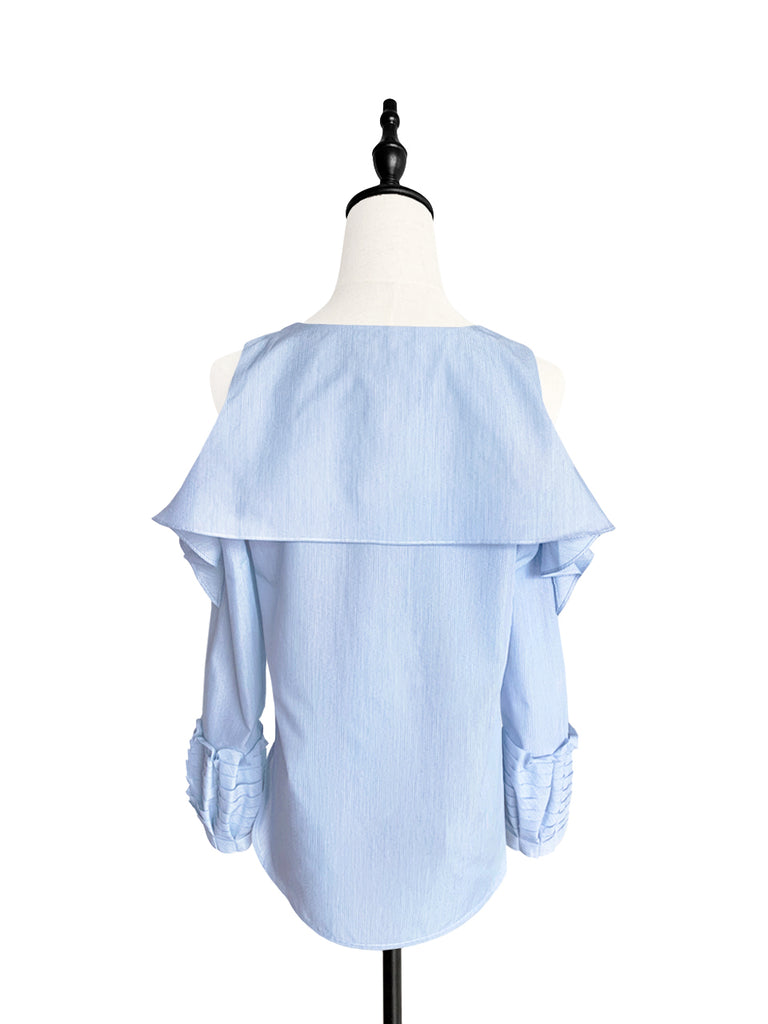 Final Sale! Pinstripe Poplin Cold Shoulder Tiered Ballon Cuffs Top