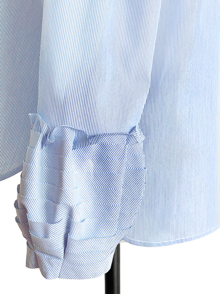 Final Sale! Pinstripe Poplin Cold Shoulder Tiered Ballon Cuffs Top