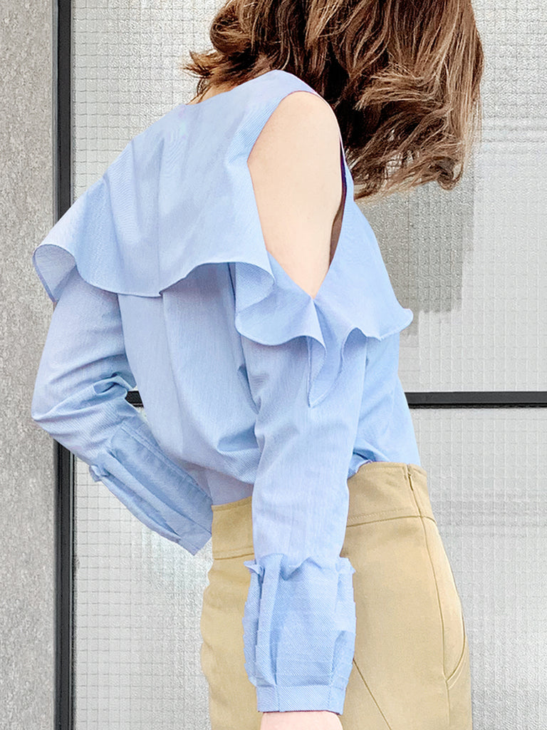 Final Sale! Pinstripe Poplin Cold Shoulder Tiered Ballon Cuffs Top