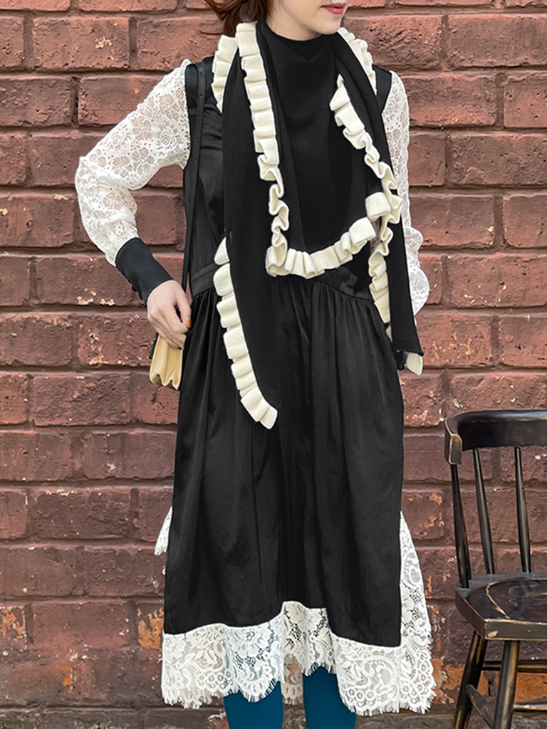 Last Chance! Satin Black Lace Panelled V-neck Handkerchief Dress