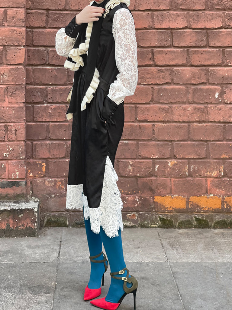 Last Chance! Satin Black Lace Panelled V-neck Handkerchief Dress