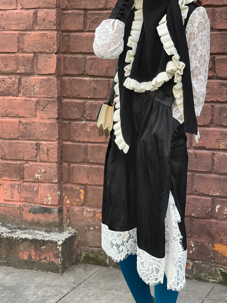 Last Chance! Satin Black Lace Panelled V-neck Handkerchief Dress