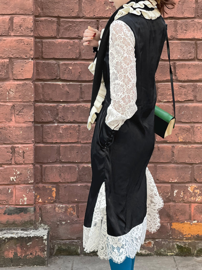 Last Chance! Satin Black Lace Panelled V-neck Handkerchief Dress