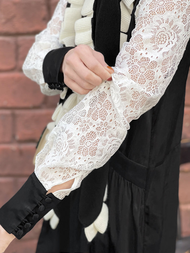 Last Chance! Satin Black Lace Panelled V-neck Handkerchief Dress