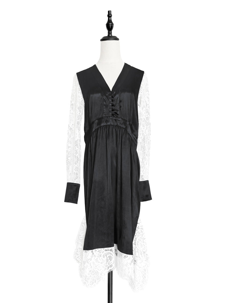 Last Chance! Satin Black Lace Panelled V-neck Handkerchief Dress