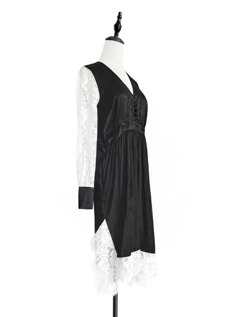 Last Chance! Satin Black Lace Panelled V-neck Handkerchief Dress