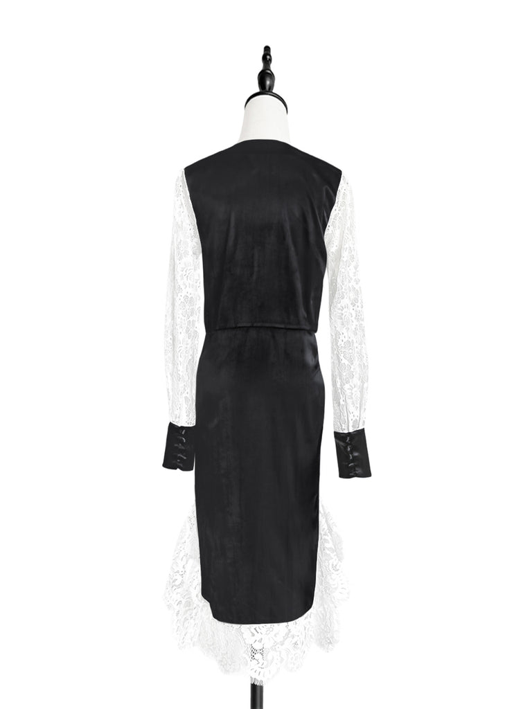Last Chance! Satin Black Lace Panelled V-neck Handkerchief Dress
