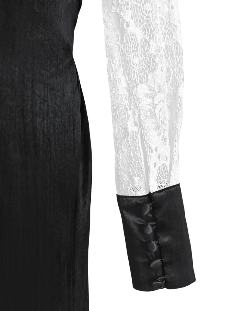 Last Chance! Satin Black Lace Panelled V-neck Handkerchief Dress