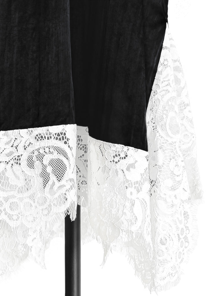 Last Chance! Satin Black Lace Panelled V-neck Handkerchief Dress