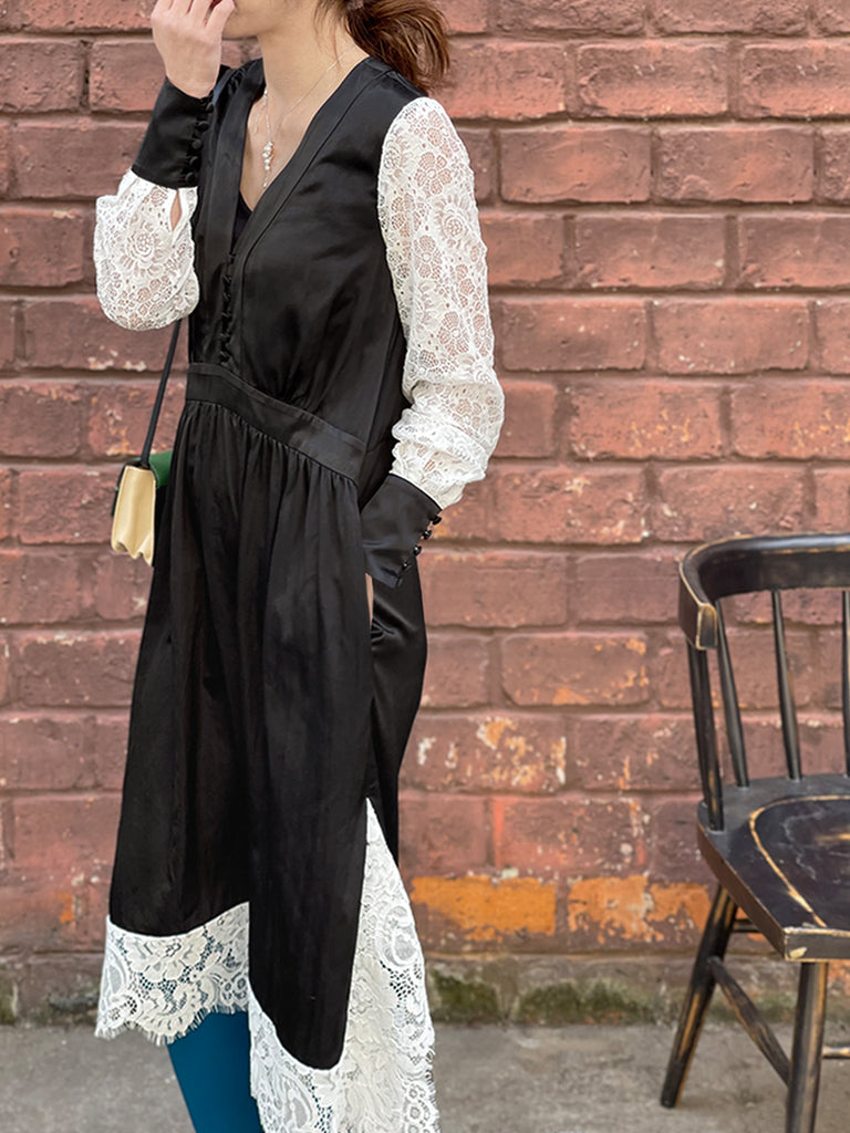 Last Chance! Satin Black Lace Panelled V-neck Handkerchief Dress