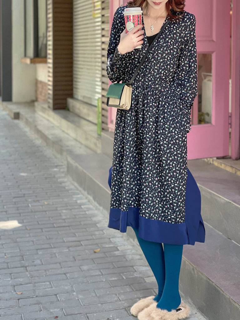 驚喜促銷!花卉印花絲質拼接 V 領手帕連身裙