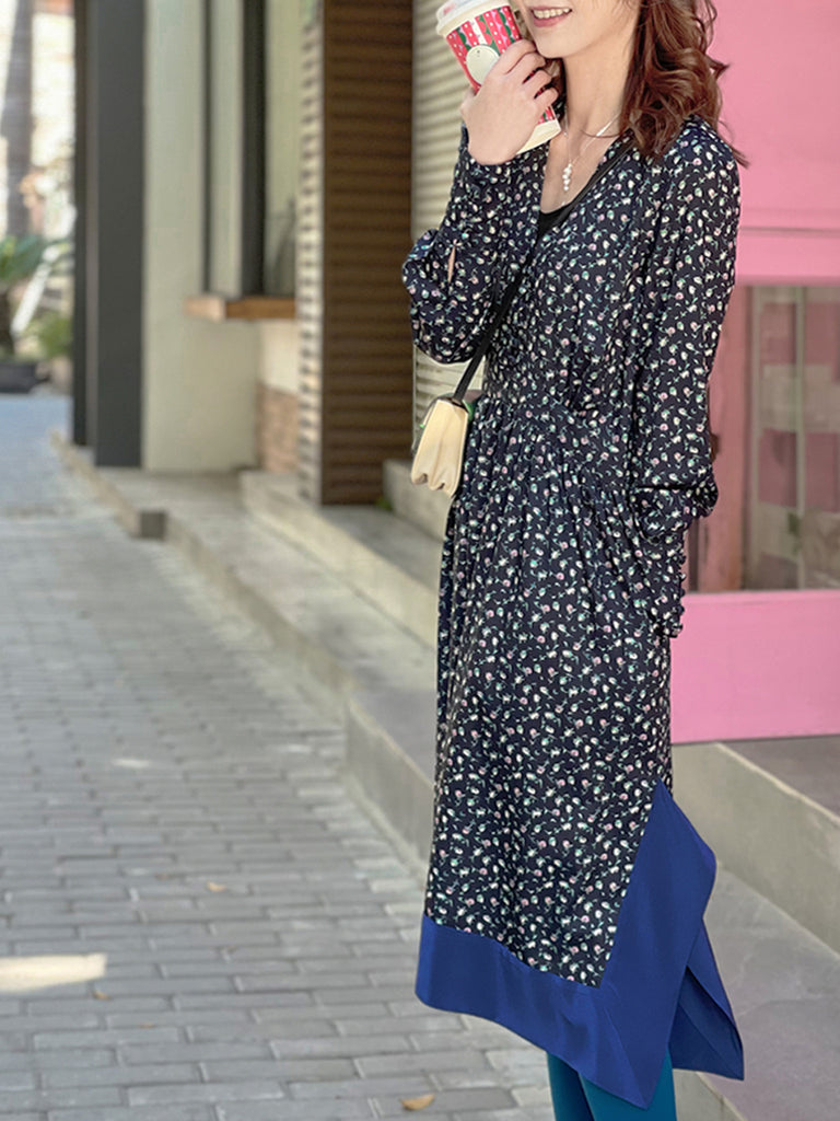 驚喜促銷!花卉印花絲質拼接 V 領手帕連身裙