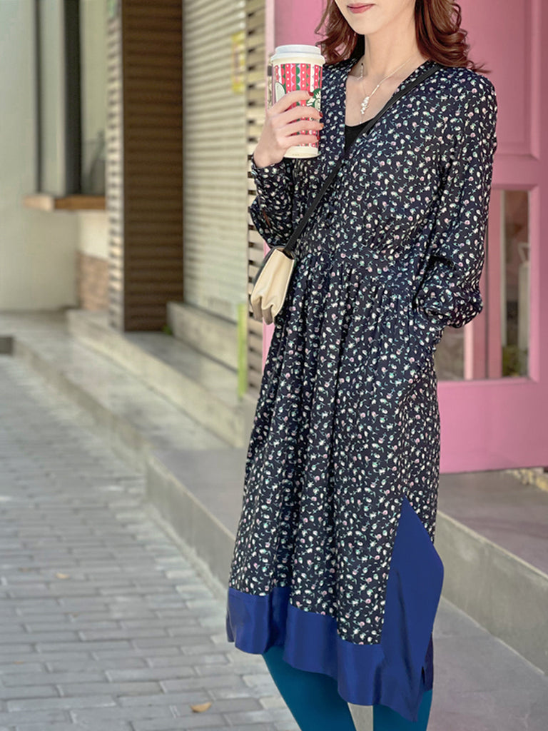 驚喜促銷!花卉印花絲質拼接 V 領手帕連身裙