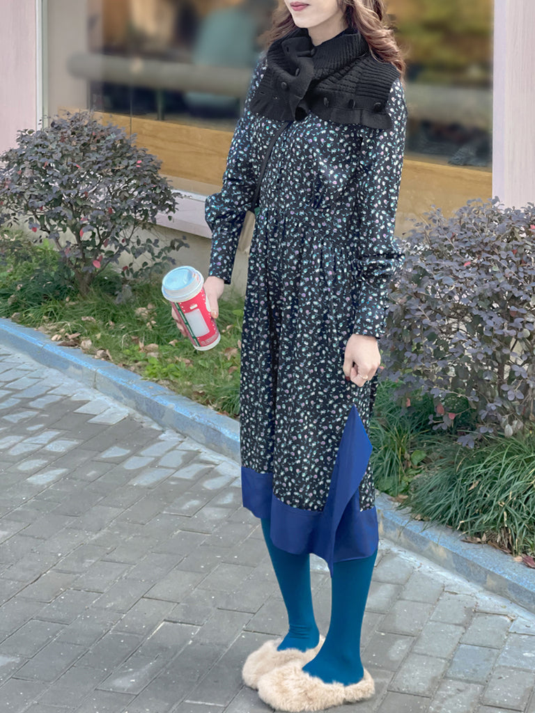 驚喜促銷!花卉印花絲質拼接 V 領手帕連身裙