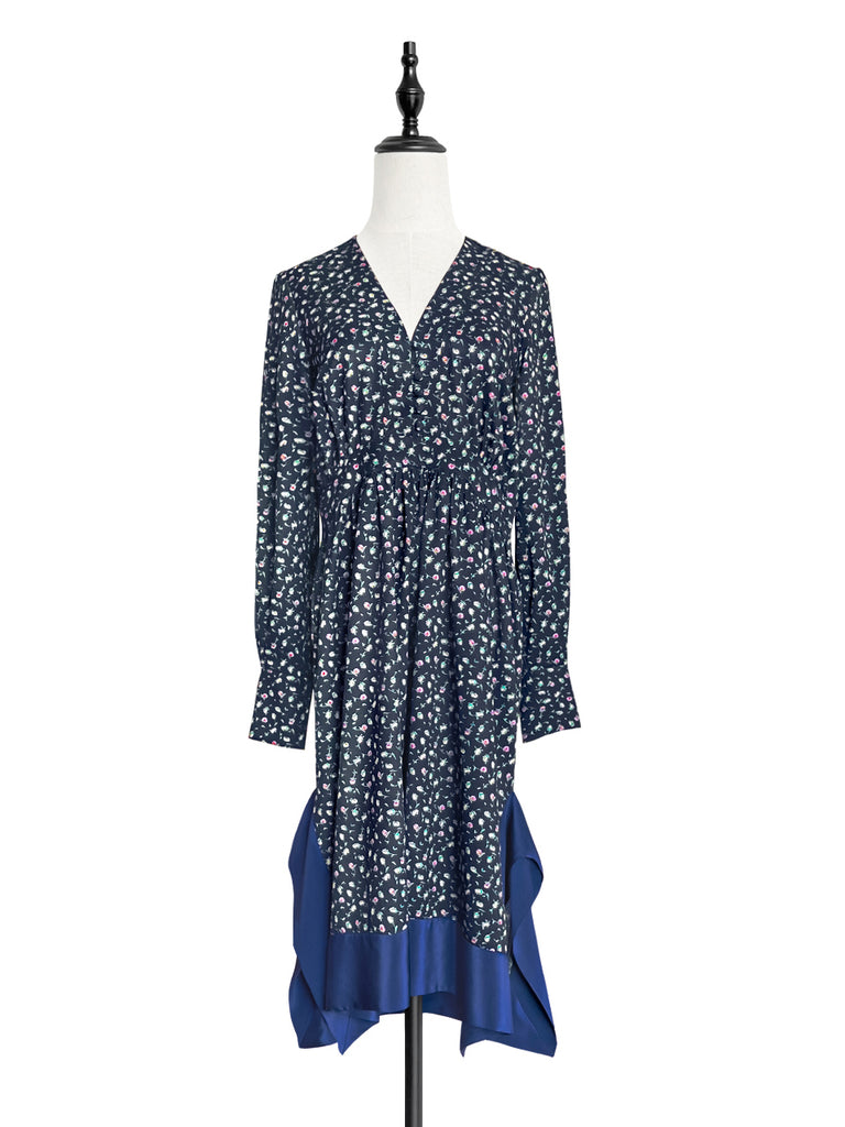 驚喜促銷!花卉印花絲質拼接 V 領手帕連身裙