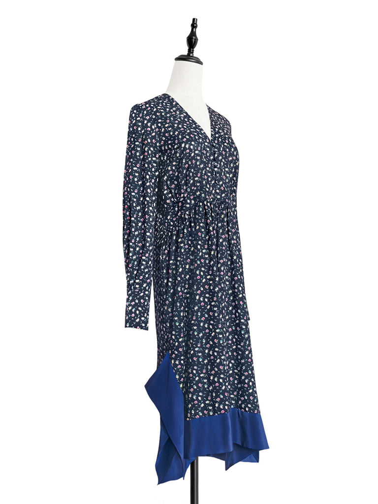 驚喜促銷!花卉印花絲質拼接 V 領手帕連身裙