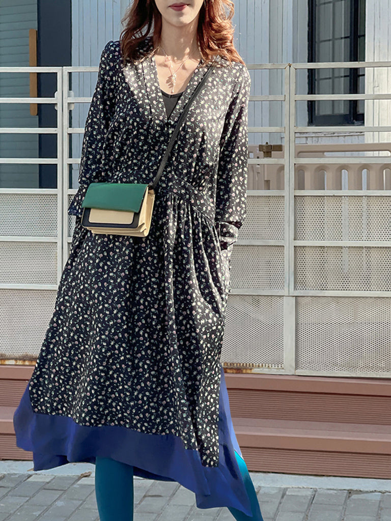 驚喜促銷!花卉印花絲質拼接 V 領手帕連身裙