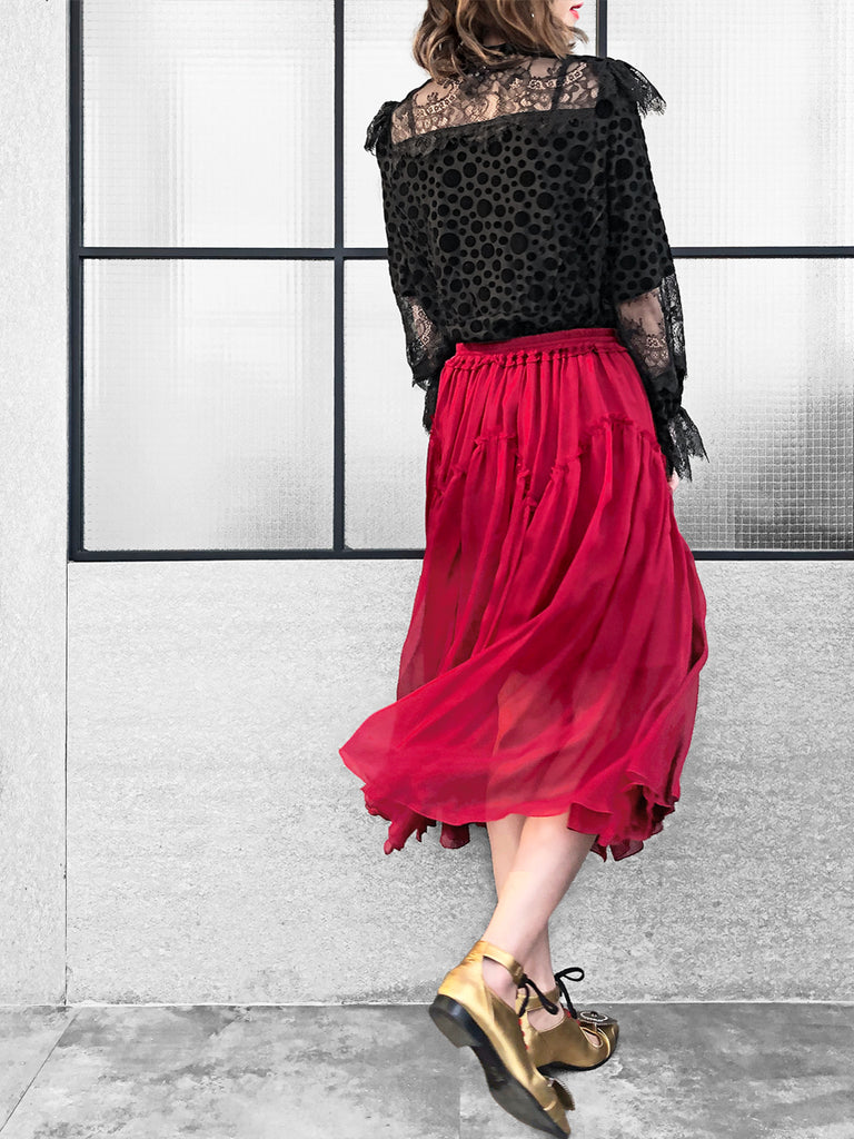 Further Sale! Velvet Dotty Black Eyelash Lace Trim Long Sleeve Blouse