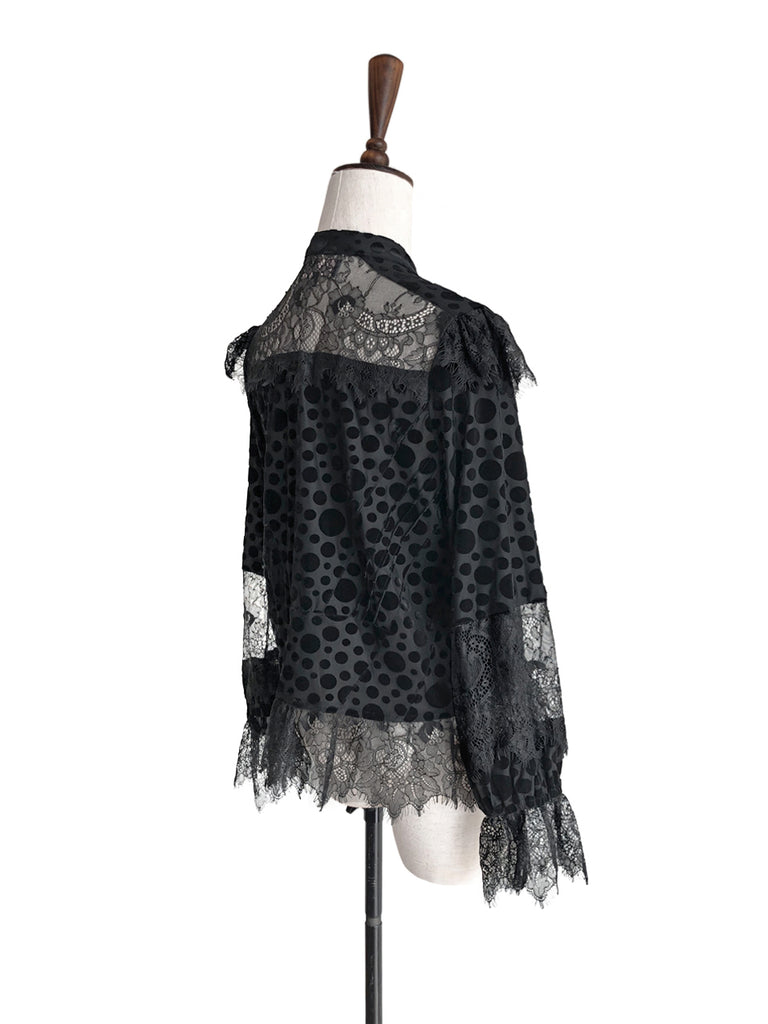 Further Sale! Velvet Dotty Black Eyelash Lace Trim Long Sleeve Blouse
