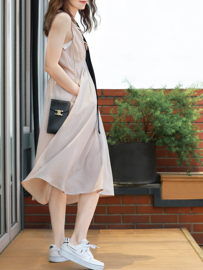 驚喜促銷!肉粉色圓點無袖配腰帶中長連身裙