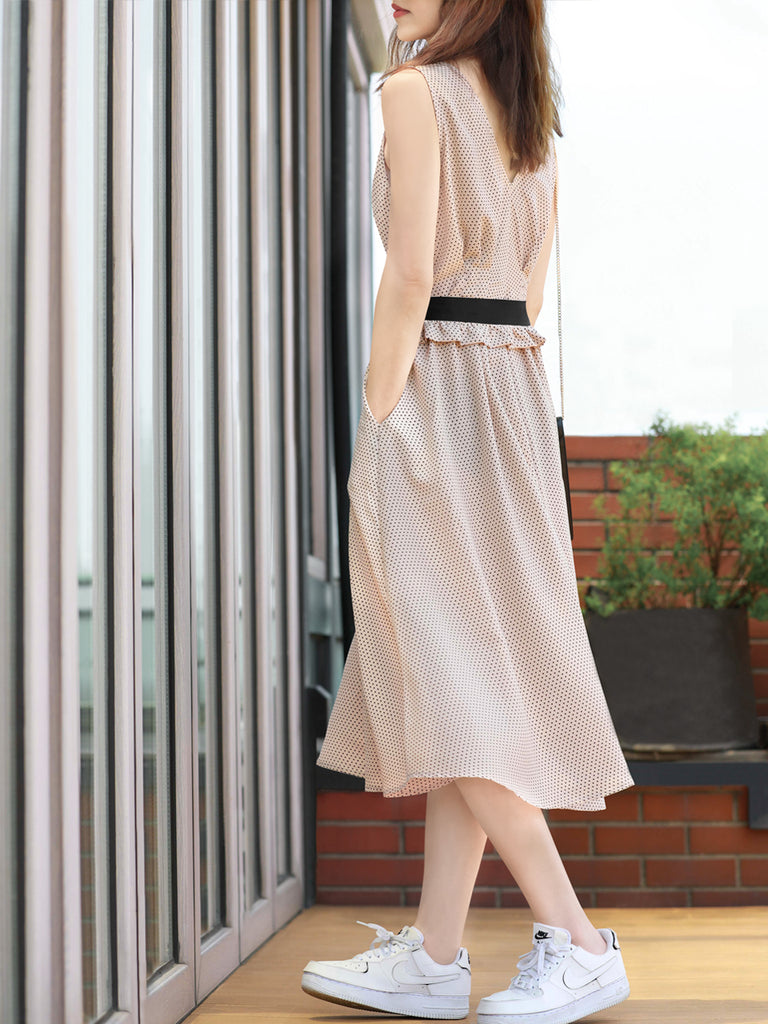 驚喜促銷!肉粉色圓點無袖配腰帶中長連身裙