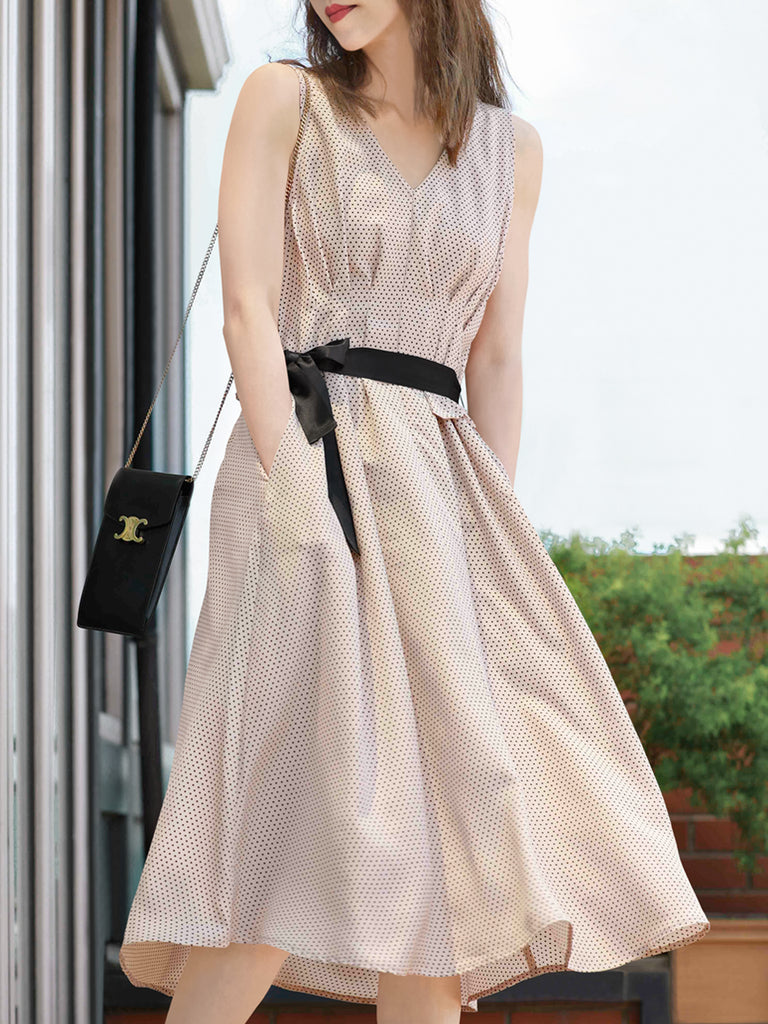 驚喜促銷!肉粉色圓點無袖配腰帶中長連身裙