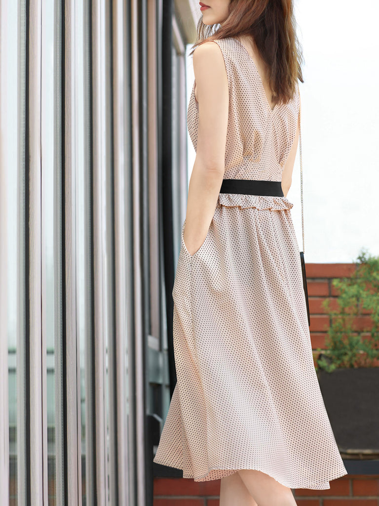 驚喜促銷!肉粉色圓點無袖配腰帶中長連身裙
