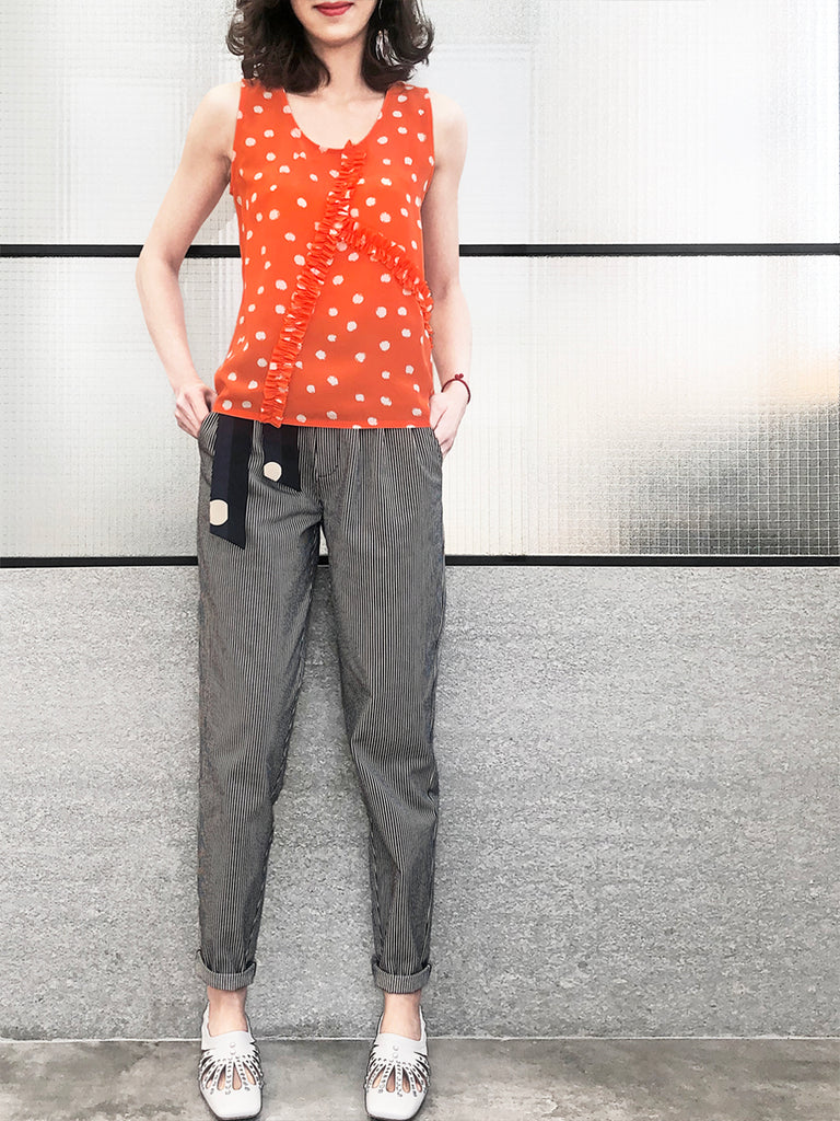 驚喜促銷!橘色墨點圓點荷葉邊圓領絲綢背心