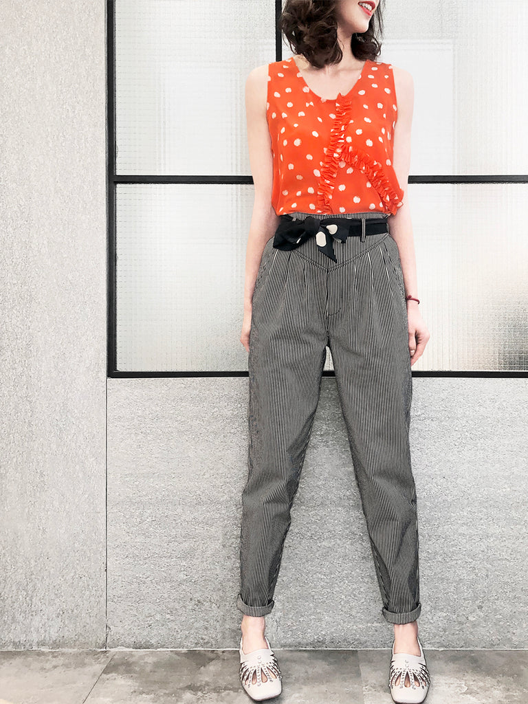 驚喜促銷!橘色墨點圓點荷葉邊圓領絲綢背心