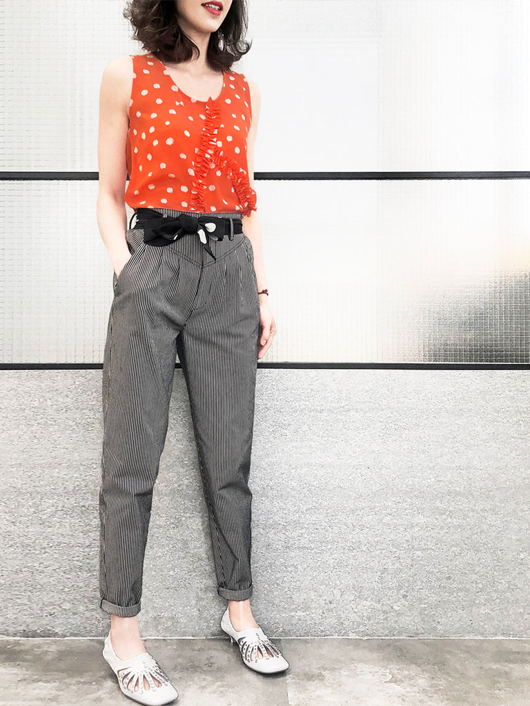 驚喜促銷!橘色墨點圓點荷葉邊圓領絲綢背心