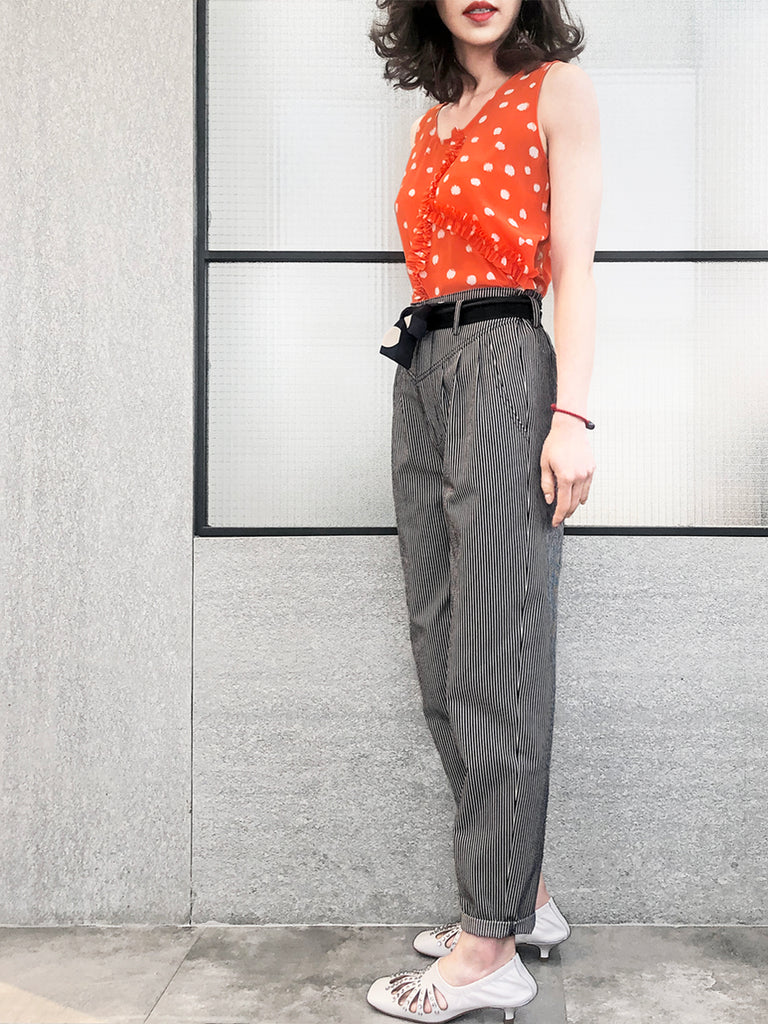 驚喜促銷!橘色墨點圓點荷葉邊圓領絲綢背心