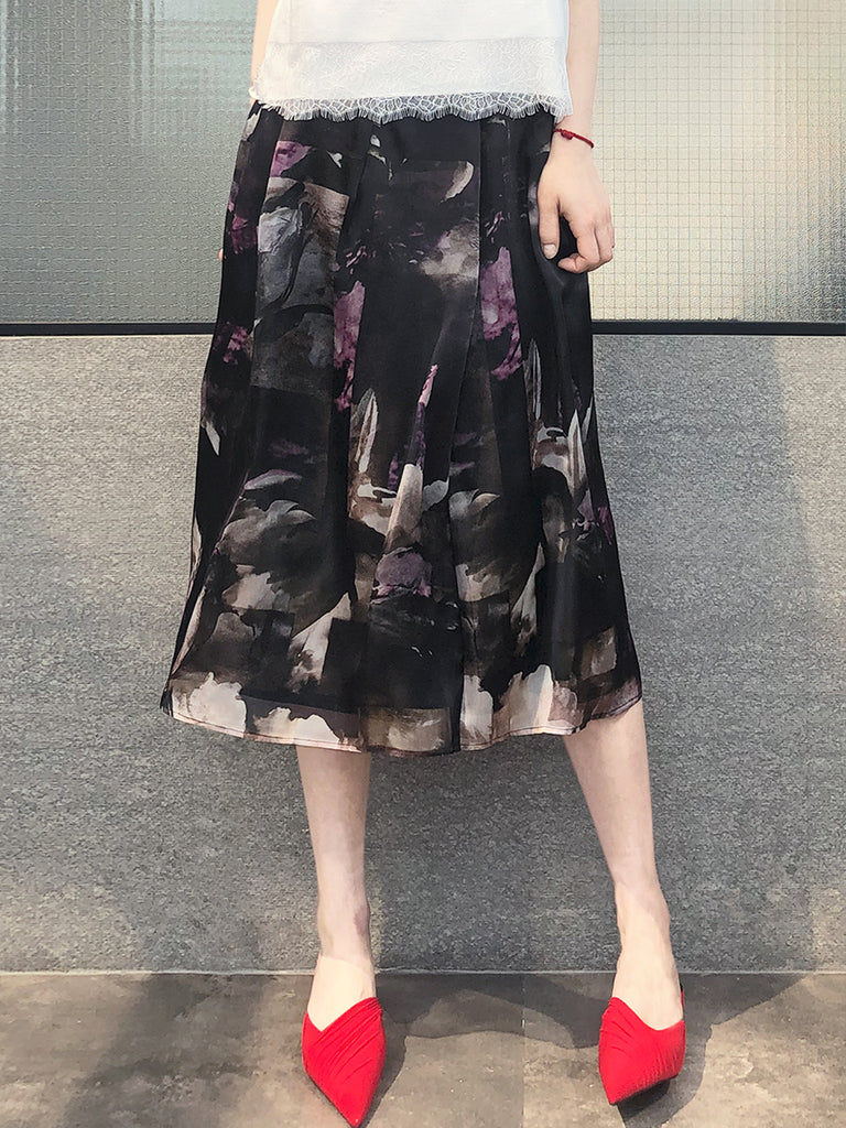 最後的機會!漂亮花卉彩繪罩層百褶真絲中長半身裙