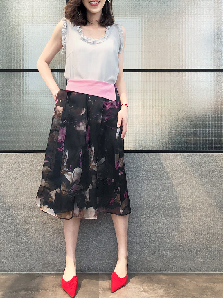 最後的機會!漂亮花卉彩繪罩層百褶真絲中長半身裙