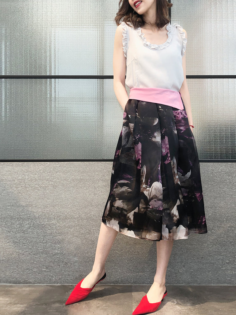 最後的機會!漂亮花卉彩繪罩層百褶真絲中長半身裙